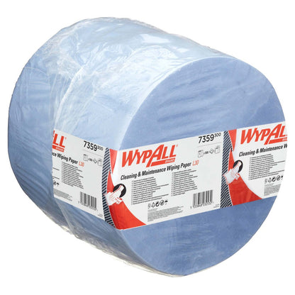 A blue WypAll® L30 large roll paper towel from Kimberly-Clark GmbH for maintenance work, extra wide and long, packaged in clear film with product info, industrial cleaning application instructions and barcode; 1 roll x 1000 sheets per carton.