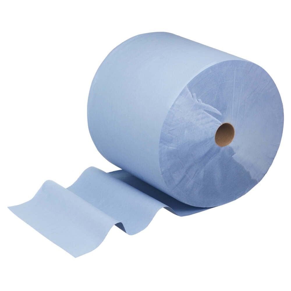 A large blue WypAll® L30 paper towel large roll from Kimberly-Clark GmbH, extra wide & long with 1000 sheets, ideal for maintenance work, displayed with a few unrolled sheets on a white background.