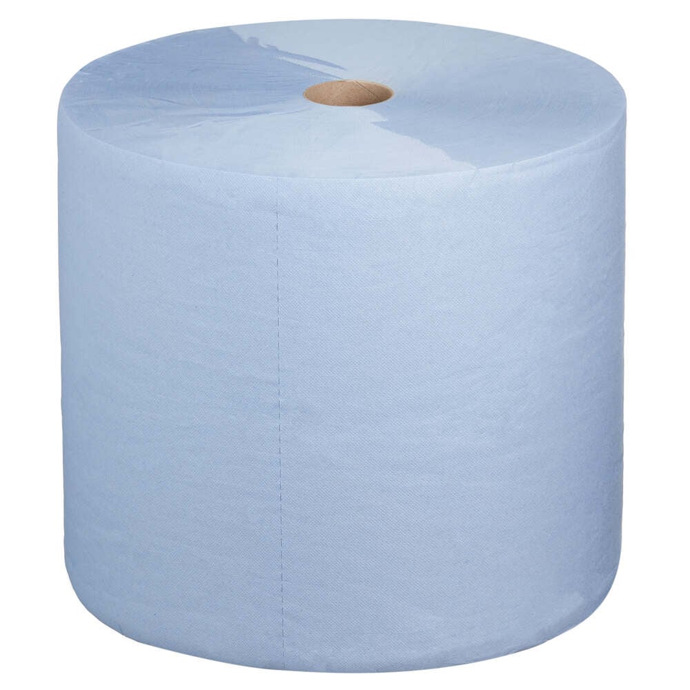 A Kimberly-Clark WypAll® L30 large roll paper towel (blue, extra wide & long, 1 roll x 1000 towels) stands upright with visible cardboard core against a white background - ideal for maintenance work.
