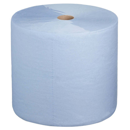 A Kimberly-Clark WypAll® L30 large roll paper towel (blue, extra wide & long, 1 roll x 1000 towels) stands upright with visible cardboard core against a white background - ideal for maintenance work.
