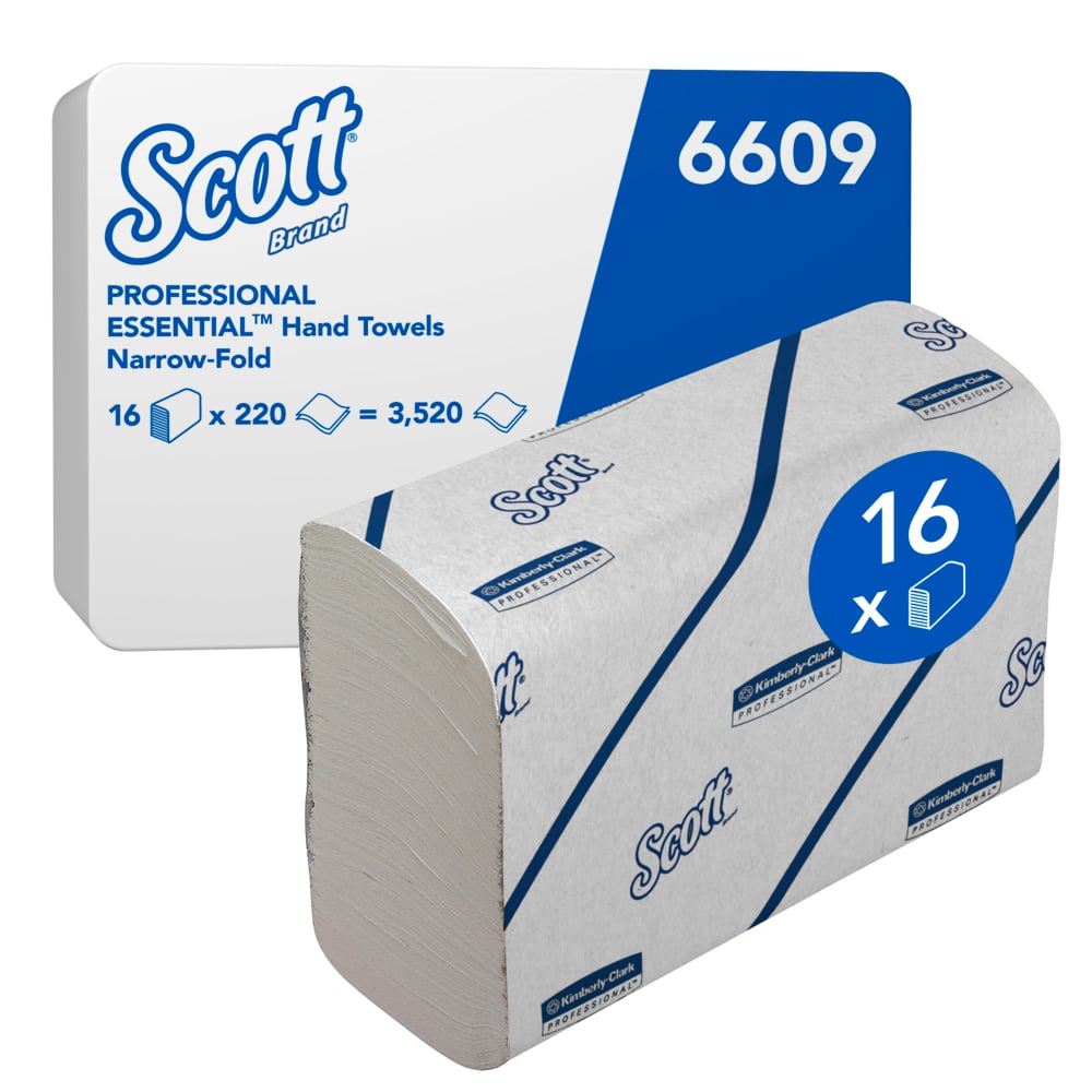 Eine Packung und ein Stapel Scott® Handtücher - Narrow-Fold / Weiß von Kimberly-Clark GmbH; 16 Packungen mit 220 Handtüchern (3.520 insgesamt) zum hygienischen Händetrocknen. Weiße Verpackung mit blauem Text und Branding.