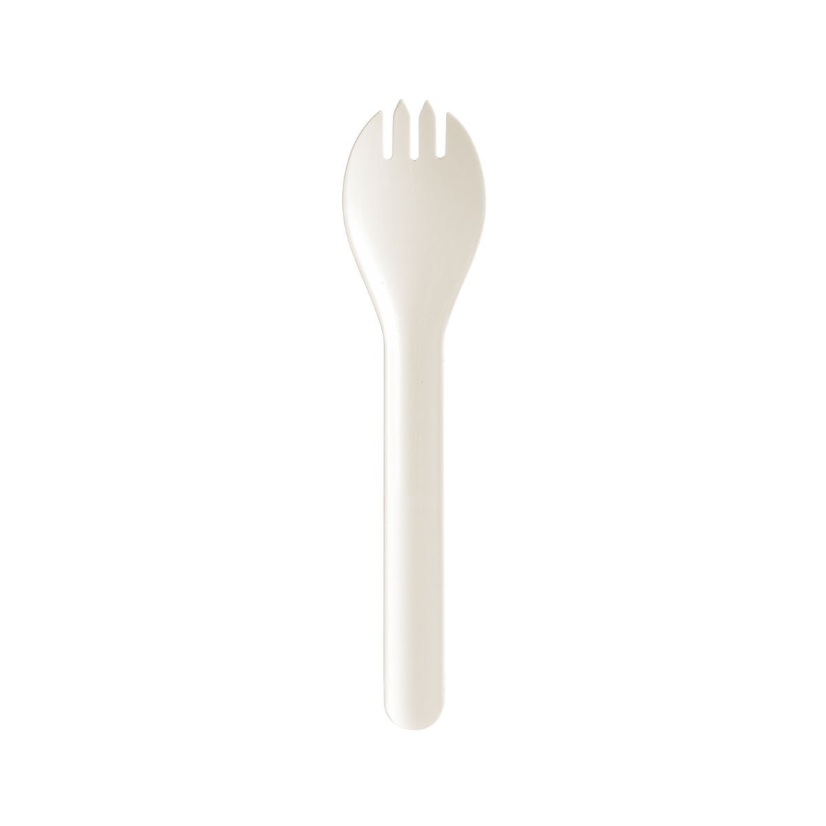 The PLUMA paper fiber spork 150 mm from Duni GmbH made of white paper combines spoon and fork in one and is depicted on a plain white background. Pack of 100 pieces.