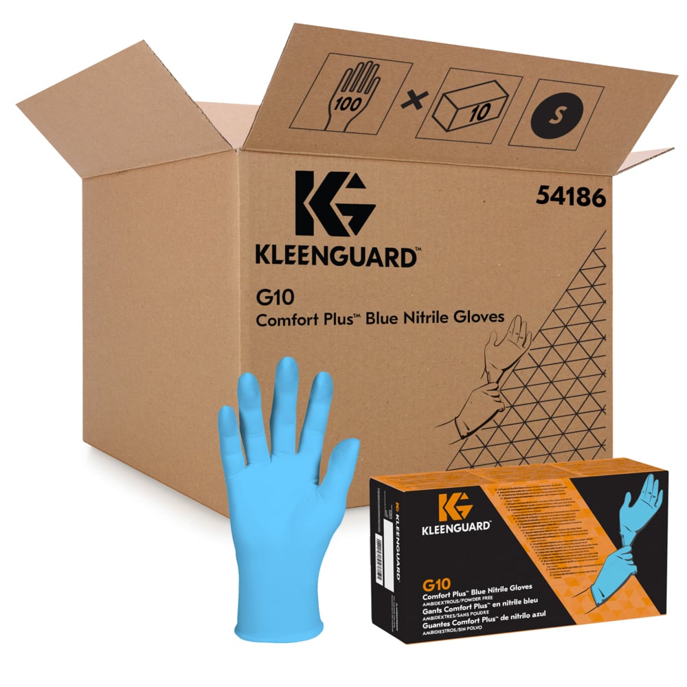 Eine große geöffnete Schachtel mit der Aufschrift "KleenGuard® G10 Comfort Plus Blaue Nitril-Handschuhe - 24 cm, beidhändig tragbar" von Kimberly-Clark GmbH sowie ein blauer Handschuh, eine kleine Handschuhbox und Symbole für 100 Stück/Box und Größe S - ideal für chemischen Handschutz.
