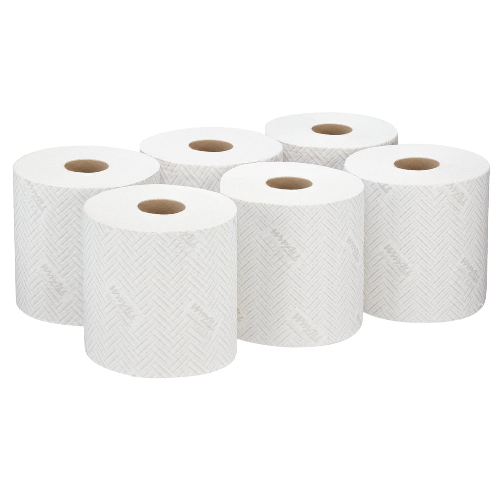 Six WypAll® L10 paper towel rolls from Kimberly-Clark GmbH (38.00 cm x 18.30 cm) are arranged in two rows of three, ideal for cleaning in service & retail or as paper towels in centrefeed dispensers.
