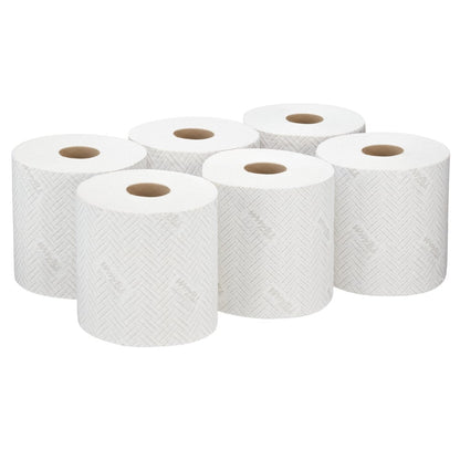 Six WypAll® L10 paper towel rolls from Kimberly-Clark GmbH (38.00 cm x 18.30 cm) are arranged in two rows of three, ideal for cleaning in service & retail or as paper towels in centrefeed dispensers.
