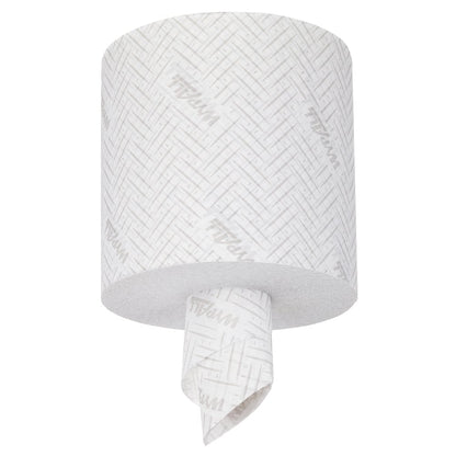 A WypAll® L10 paper towel from Kimberly-Clark GmbH hangs in the centrefeed dispenser, single sheet pulled out - ideal solution for cleaning in service & retail (38.00 cm x 18.30 cm).