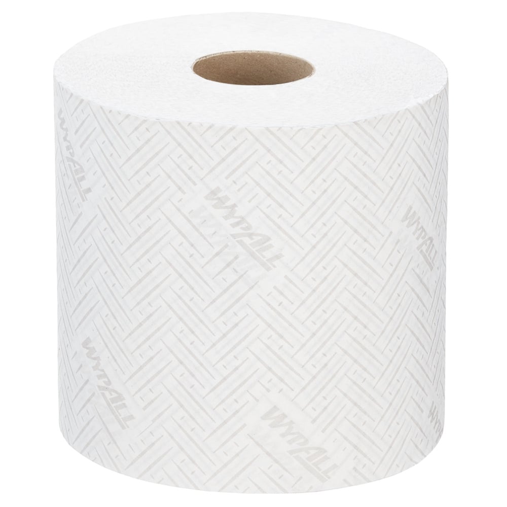 A single roll of WypAll® L10 paper towel from Kimberly-Clark GmbH in the format 38.00 cm x 18.30 cm for centrefeed for Reach+™ dispensers stands upright on a plain white background.