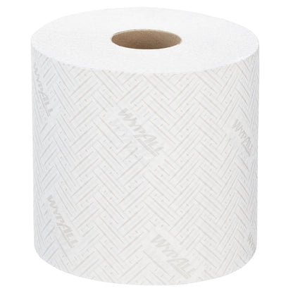 A single roll of WypAll® L10 paper towel from Kimberly-Clark GmbH in the format 38.00 cm x 18.30 cm for centrefeed for Reach+™ dispensers stands upright on a plain white background.