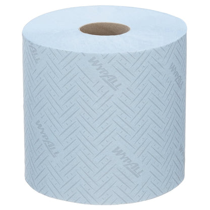 Eine Packung mit 6 blauen WypAll® L10 Papierwischtuch-Zentrifugalrollen (je 630 Blatt) von Kimberly-Clark GmbH, mit Chevron-Muster und braunem Pappkern - ideal für den Lebensmittel- und Hygienebereich.