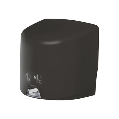 Ein grauer Aquarius™ Wischtuch-Spender - Roll Control von Kimberly-Clark GmbH steht vor einem weißen Hintergrund, mit einem kleinen Fenster mit sichtbarem Papierhandtuch und einer einfachen Gebrauchsanweisung auf der Vorderseite, konzipiert für den professionellen Einsatz.