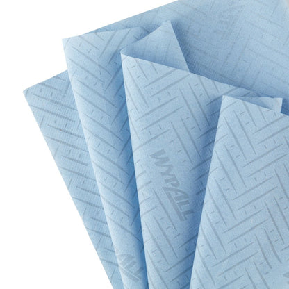 Four light blue Kimberly-Clark WypAll® L10 paper towels (38x18.3 cm) with a chevron pattern and "WypAll" logo, fanned out - ideal for centrefeed dispensers in service & retail cleaning.