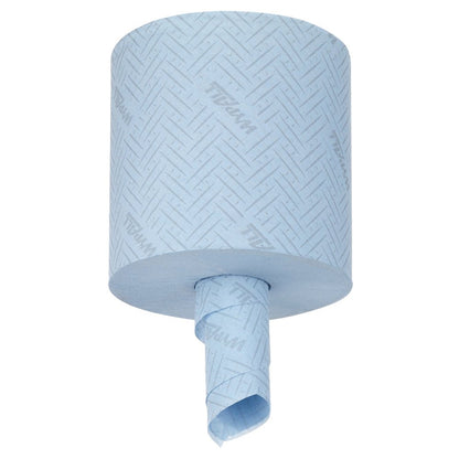 A large blue WypAll® L10 paper towel from Kimberly-Clark GmbH, 38.00 cm x 18.30 cm, with a textured pattern and loose end, ideal as a centrefeed for Reach+™ in service & retail cleaning applications.