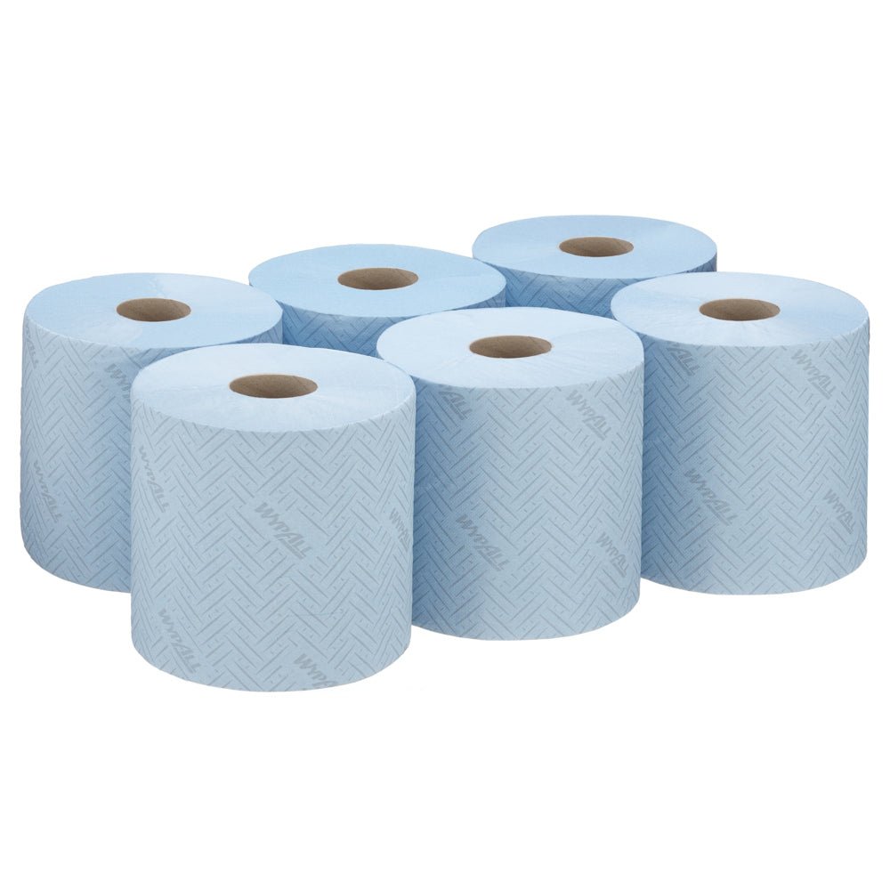 Six WypAll® L10 paper towel rolls (38.00 x 18.30 cm) from Kimberly-Clark GmbH are shown in two rows on a white background, perfect for centrefeed dispenser systems in service & retail.