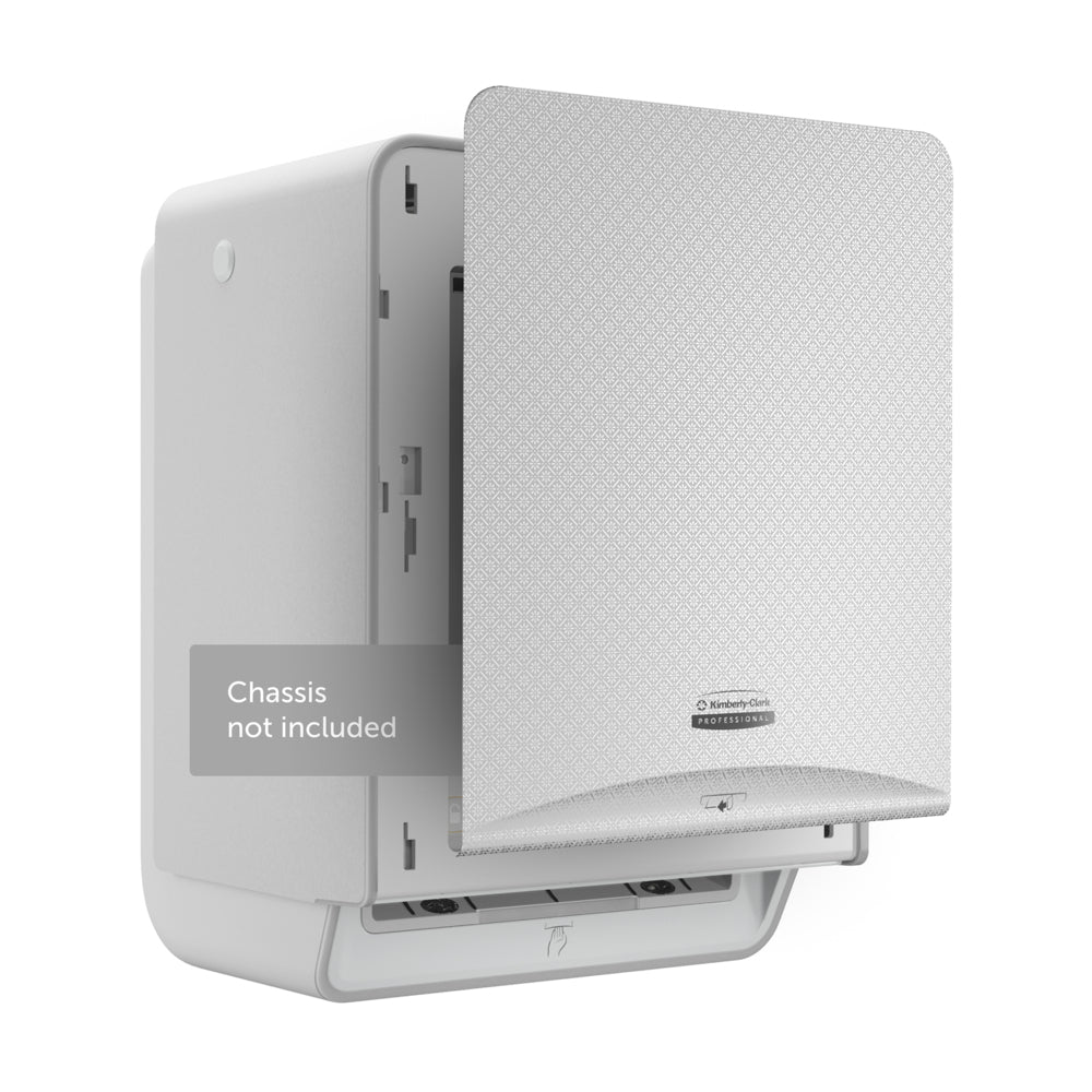 Ein weißes, rechteckiges Kimberly-Clark Professional™ Icon™ Dispenser Faceplate (33,02 x 37,47 x 3,18 cm) der Kimberly-Clark GmbH mit einer strukturierten Abdeckung und einem Logo ist teilweise geöffnet abgebildet und mit "Chassis nicht enthalten" beschriftet.