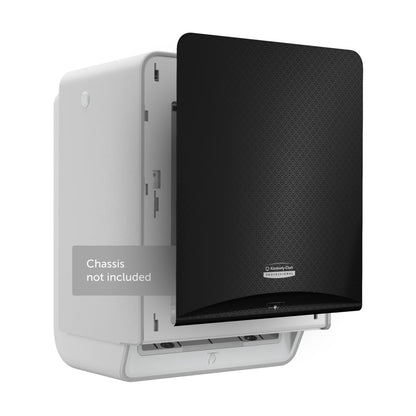 A Kimberly-Clark Professional™ Icon™ Dispenser Faceplate - eHRT (33.02 x 37.47 x 3.18 cm) by Kimberly-Clark GmbH is partially opened on a white pedestal labeled "Chassis not included" and shows a subtle, textured pattern on a white background.