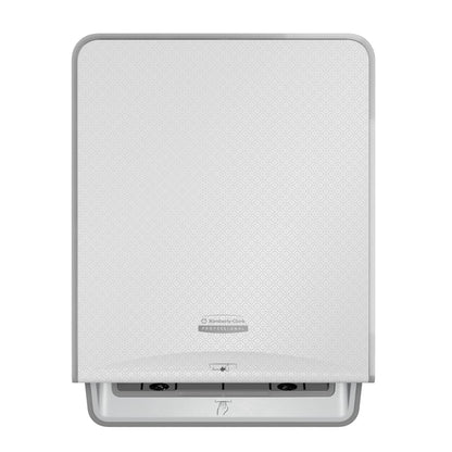 Der Kimberly-Clark Professional™ Icon™ Electronic Rolled Handtuchspender in weiß von Kimberly-Clark GmbH zeichnet sich durch berührungslose Bedienung, eine dezente Struktur und einen Schlitz mit Hand-Symbol für hygienisches Händetrocknen aus.