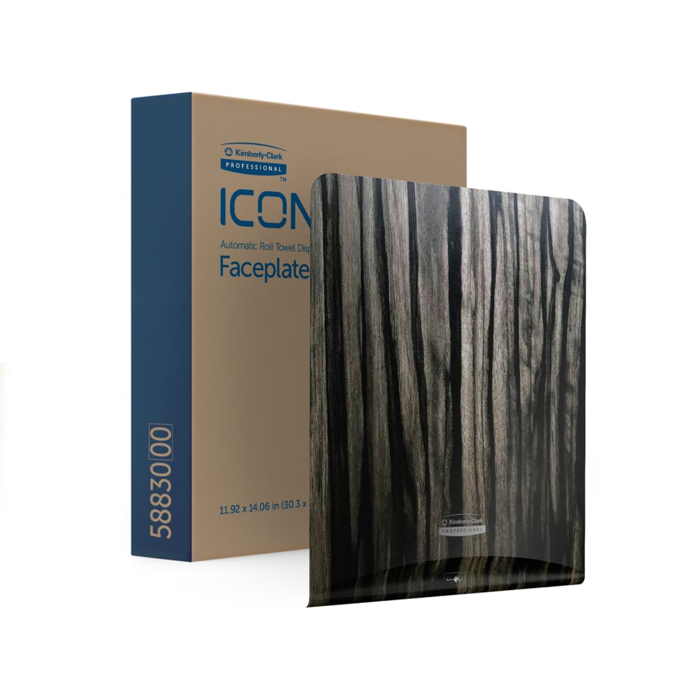 The Kimberly-Clark Professional™ Icon™ Dispenser Faceplate - eHRT (33.02 x 37.47 x 3.18 cm) by Kimberly-Clark GmbH with dark wood grain design is shown next to its packaging - an ideal, stylish washroom for accessories and hygiene solutions.
