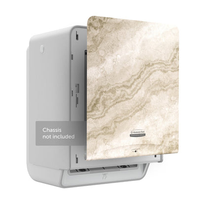 The Kimberly-Clark Professional™ Icon™ Dispenser Faceplate - eHRT by Kimberly-Clark GmbH, depicted on a white chassis (not included), features an elegant beige and light brown marble pattern. Size: 33.02 cm x 37.47 cm x 3.18 cm.