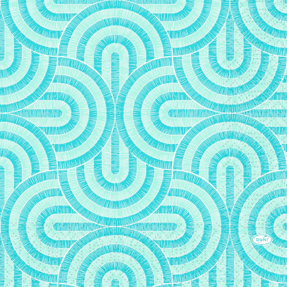 Turquoise and mint blue geometric napkins with radial, fine lines creating a textured, symmetrical pattern. Duni GmbH "Breeze Mint Blue Napkins" 33x33 cm, pack of 50 pieces.