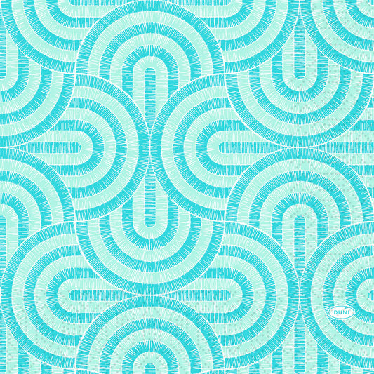 Türkis- und mintblaue geometrische Servietten mit strahlenförmigen, feinen Linien, die ein strukturiertes, symmetrisches Muster ergeben. Duni GmbH "Breeze Mint Blue Servietten" 33x33 cm, Packung mit 50 Stück.
