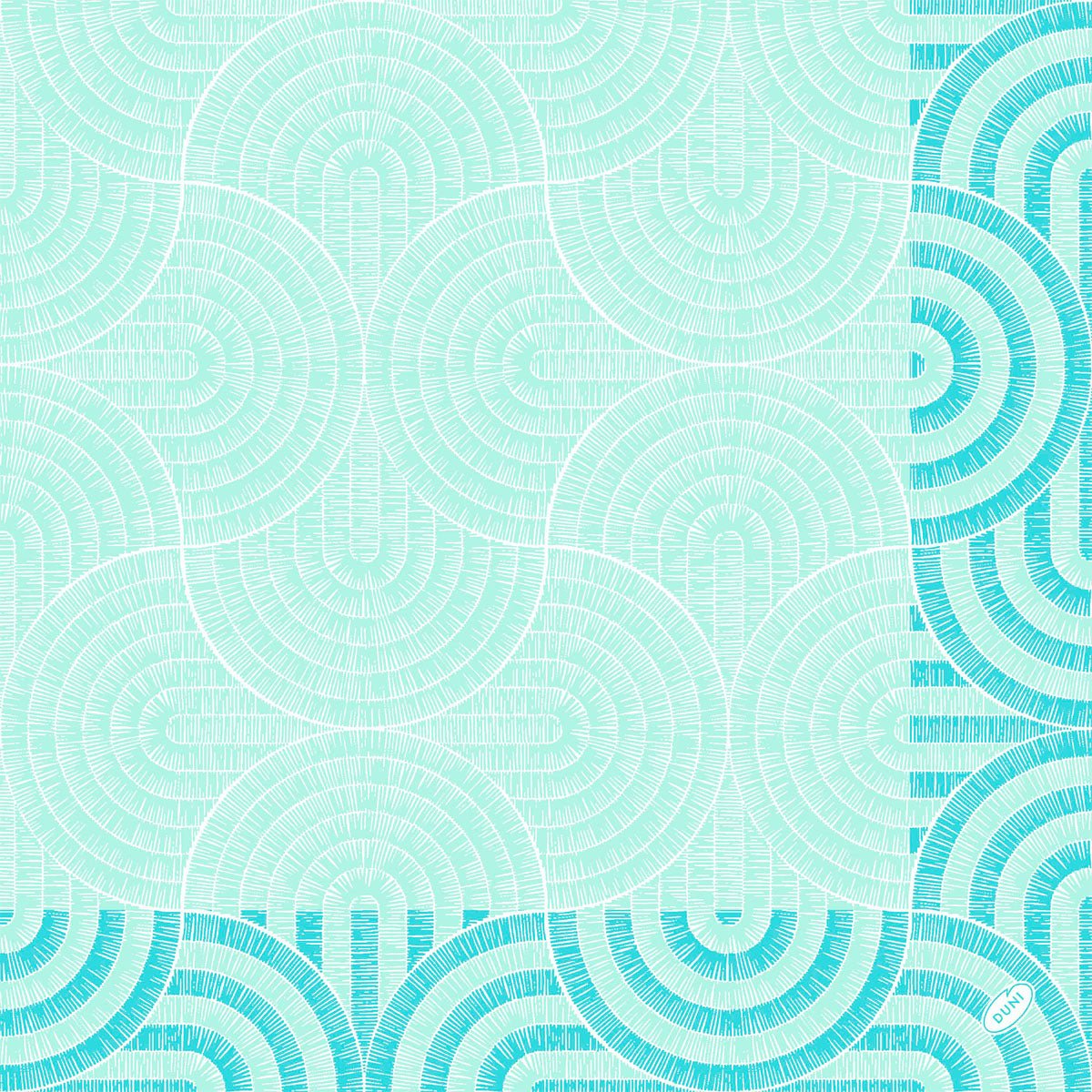 Geometric semicircles and arcs in teal and white with fine radial lines and a vertical teal stripe on the right side. Small circular logo at the bottom right. Perfect for Duni GmbH Breeze Mint Blue Napkins 40x40 cm | Pack (250 pieces).