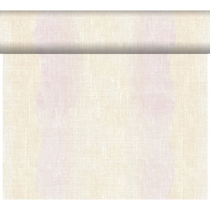 A roll of Duni GmbH Dunicel table runner Tête-à-Tête (24 m x 0.4 m, 20 sections) in light beige is partially unrolled to showcase its elegant weave texture as a stylish table decoration against a plain white background.