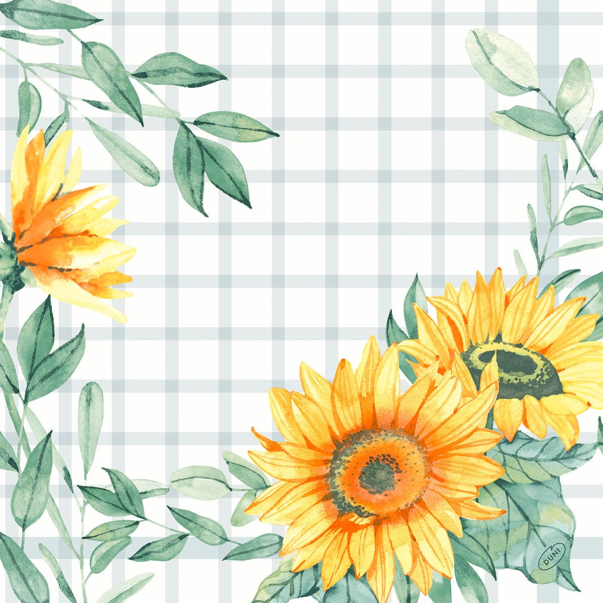 Watercolor illustration of three yellow sunflowers with green leaves on a white background with light gray checks, ideal for decorating Dunisoft napkins 40x40cm by Duni GmbH for a soft, fabric-like napkin look.
