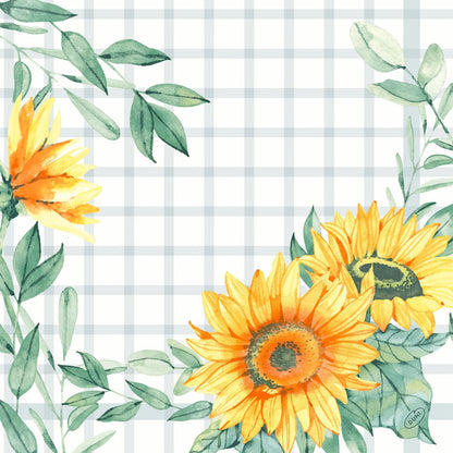 Watercolor illustration of three yellow sunflowers with green leaves on a white background with light gray checks, ideal for decorating Dunisoft napkins 40x40cm by Duni GmbH for a soft, fabric-like napkin look.