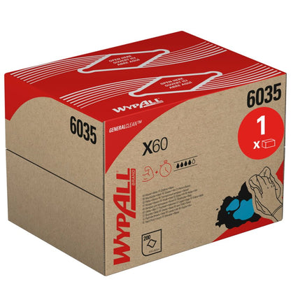 The WypAll® X60 General Clean BRAG™ Box (41.80 x 28.30 cm) from Kimberly-Clark GmbH contains 200 wipes and is decorated with hands using a cloth, symbols for the benefits of the cleaning solution, and the product code 6035 in brown and red packaging.