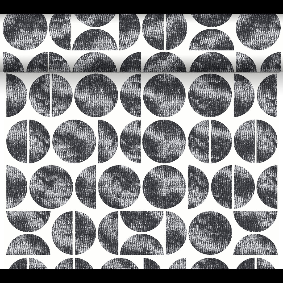 The Dunicel table runner Tête-à-Tête (24 m x 0.4 m, 20 sections) by Duni GmbH displays black and white geometric patterns - full circles, half circles, and segmented circles - ideal for a modern Tête-à-Tête table decoration.