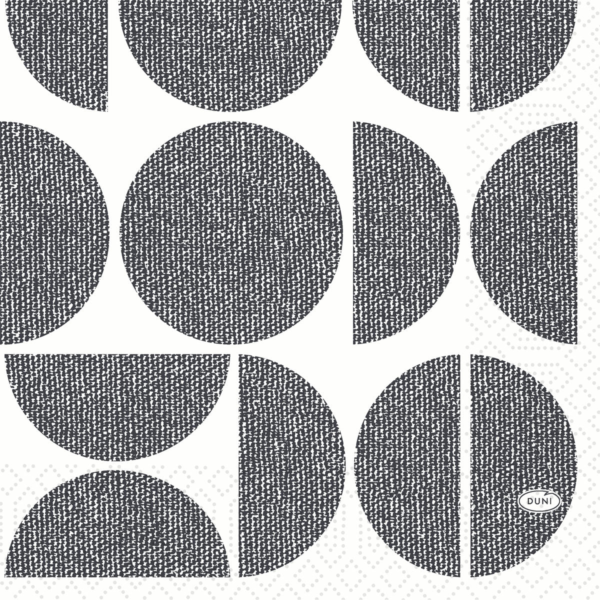 Taispeánann Duni GmbH Zellt.Serv.33x33 3lg 1/4 Formen ciorcail struchtúrtha dubha, leathchiorcail agus ceathrúchiorcail ar bhán, dearadh fite agus lógó ubhchruthach "DUNI", ilúsáideach. Méid: 33x33 cm. Pacáiste: 250 naipcín.