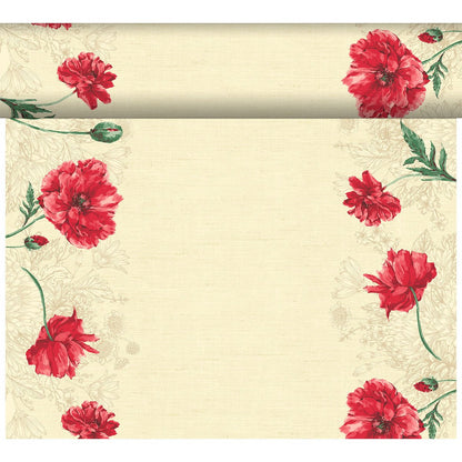 The Dunicel table runner Tête-à-Tête 24 m x 0.4 m (20 sections) by Duni GmbH has a beige background with red poppies and green stems at the edges, ideal for an elegant table decoration or a charming Tête-à-Tête setting.