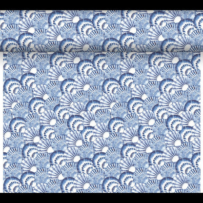 The Dunicel table runner Tête-à-Tête by Duni GmbH is a 24 m x 0.4 m roll with 20 sections and features a blue-white fan pattern for an inviting table decoration with marine themes.