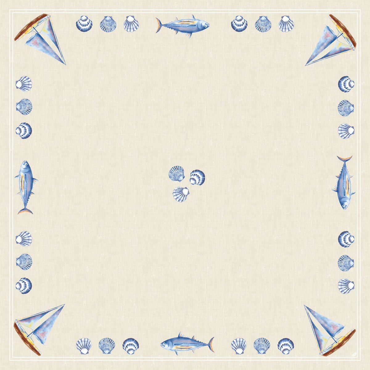 Taispeánann an clúdach boird Dunicel 84x84 cm ó Duni GmbH an dearadh Tide le báid seoil gorma, éisc agus sliogáin ar beige - iontach do mhaisiúchán boird mara. Pacáiste de 100 píosa - foirfe do fhéilte agus imeachtaí.