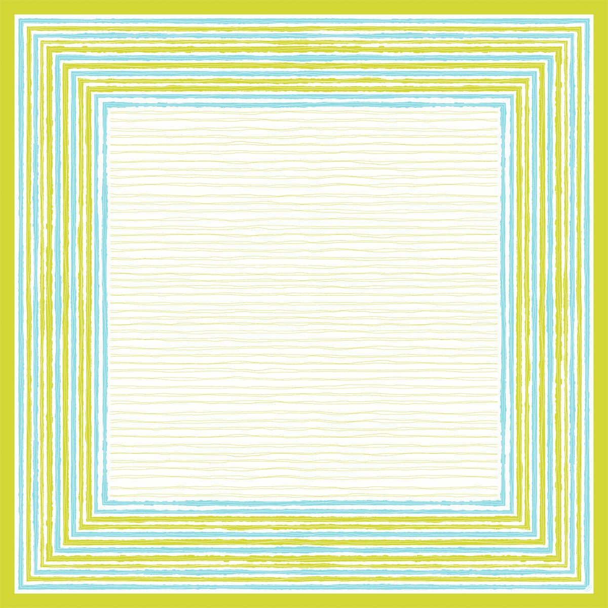 The Dunicel tablecloth 84x84 cm Elise Stripes by Duni GmbH is characterized by a stylish border of alternating blue, green, and yellow stripes around a cream-colored core, creating an elegant, textured look. Available in packs of 100 pieces.