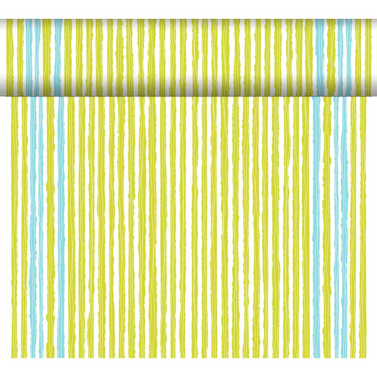 A roll of wallpaper with hand-painted longitudinal stripes in yellow, green, and light blue - perfect for creative table decorations or in combination with the Dunicel table runner Tête-à-Tête 24 m x 0.4 m by Duni GmbH.