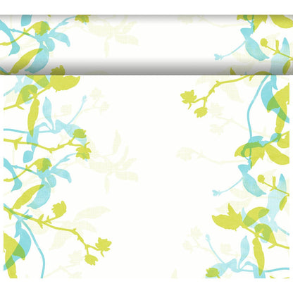 A white sheet with a green and blue floral border on three sides perfectly matches the Duni GmbH Dunicel table runner Tête-à-Tête 24 m x 0.4 m (20 sections) and is thus ideal for a stylish table decoration.
