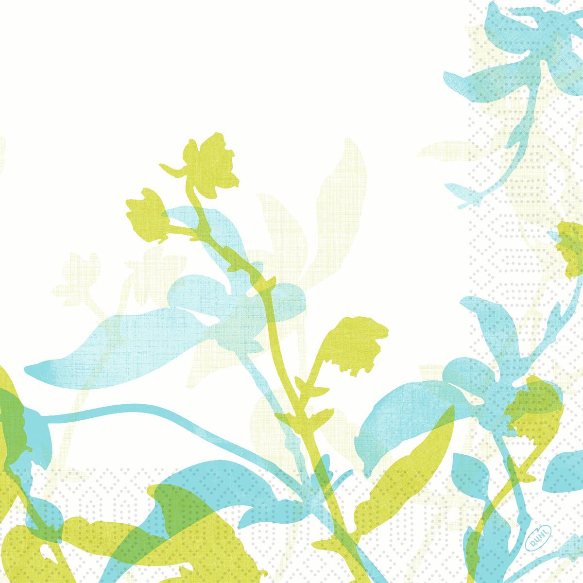 Stylized green and blue botanical silhouettes on white, with faint dotted geometric borders - ideal for Duni GmbH Zellt napkins 40x40 cm, 3-ply, Elise Design | Pack (250 napkins) creations.