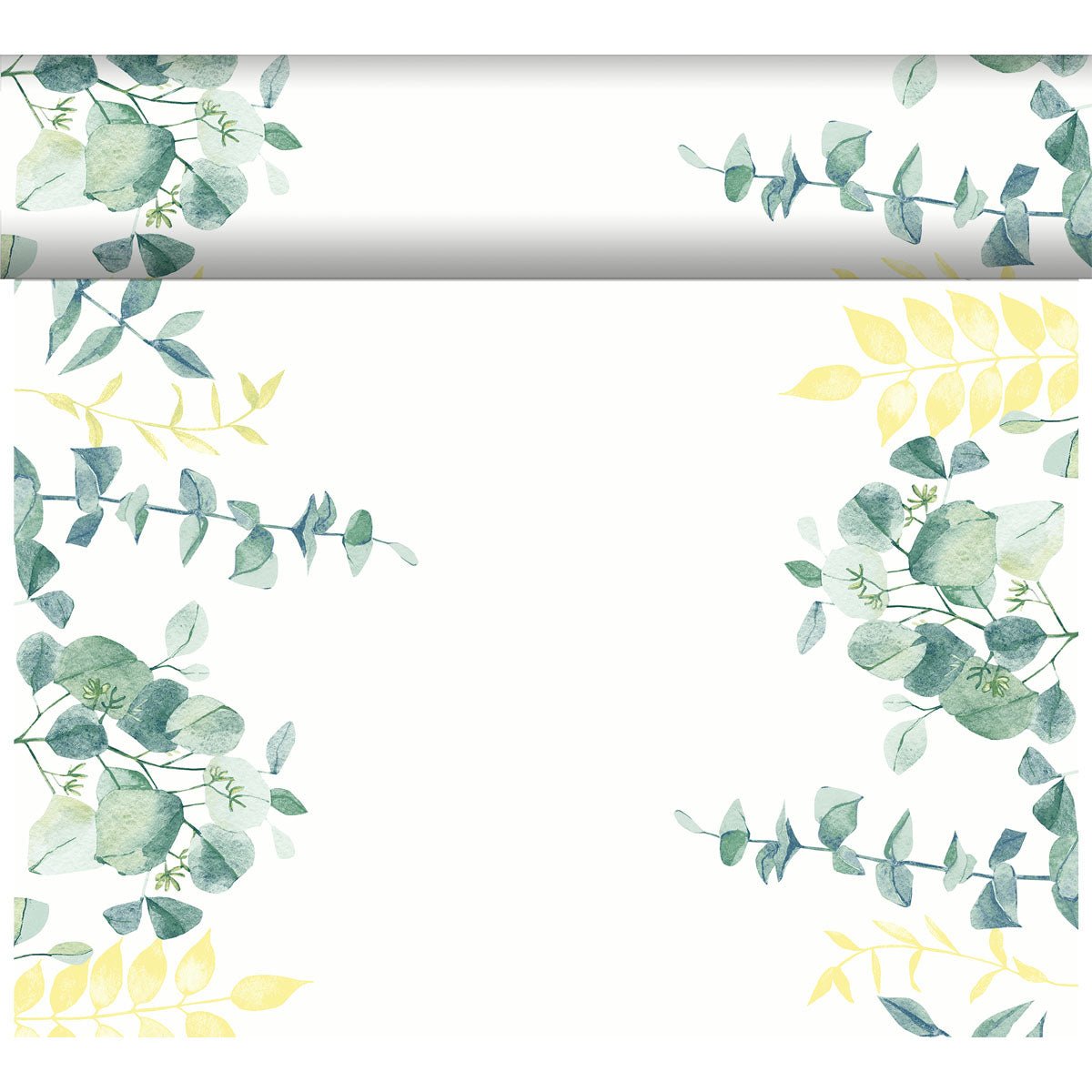 White rectangular frame with green and yellow eucalyptus leaves in watercolor style with the Duni GmbH Dunicel table runner Tête-à-Tête 24 m x 0.4 m (20 sections) - ideal for an elegant table decoration.