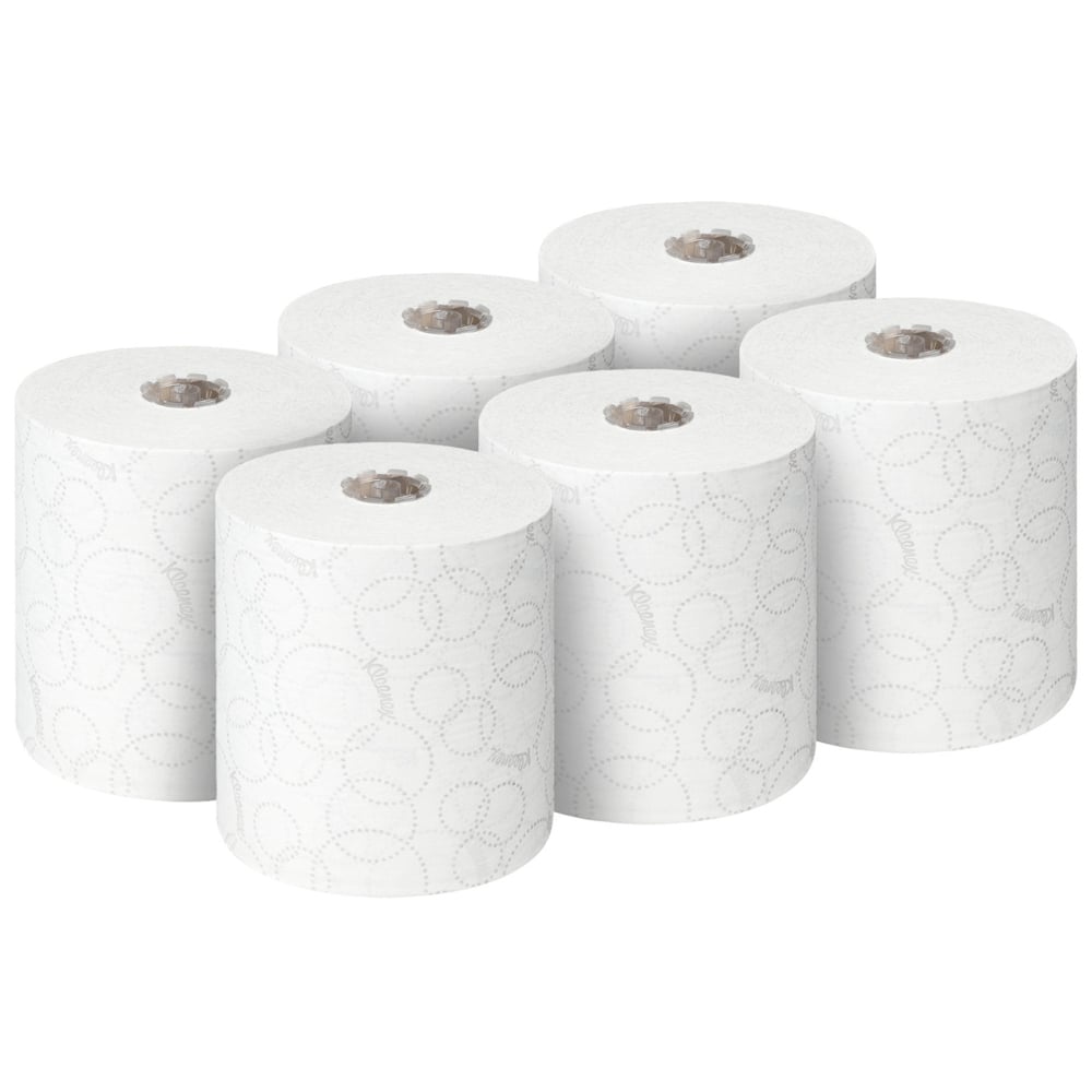 Sechs Rollen Kleenex® ULTRA™ Handtücher, je 150m, von Kimberly-Clark GmbH sind auf einfarbig weißem Hintergrund abgebildet - ideal zum hygienischen Händetrocknen. Jede Packung enthält 6 weiße Rollen.