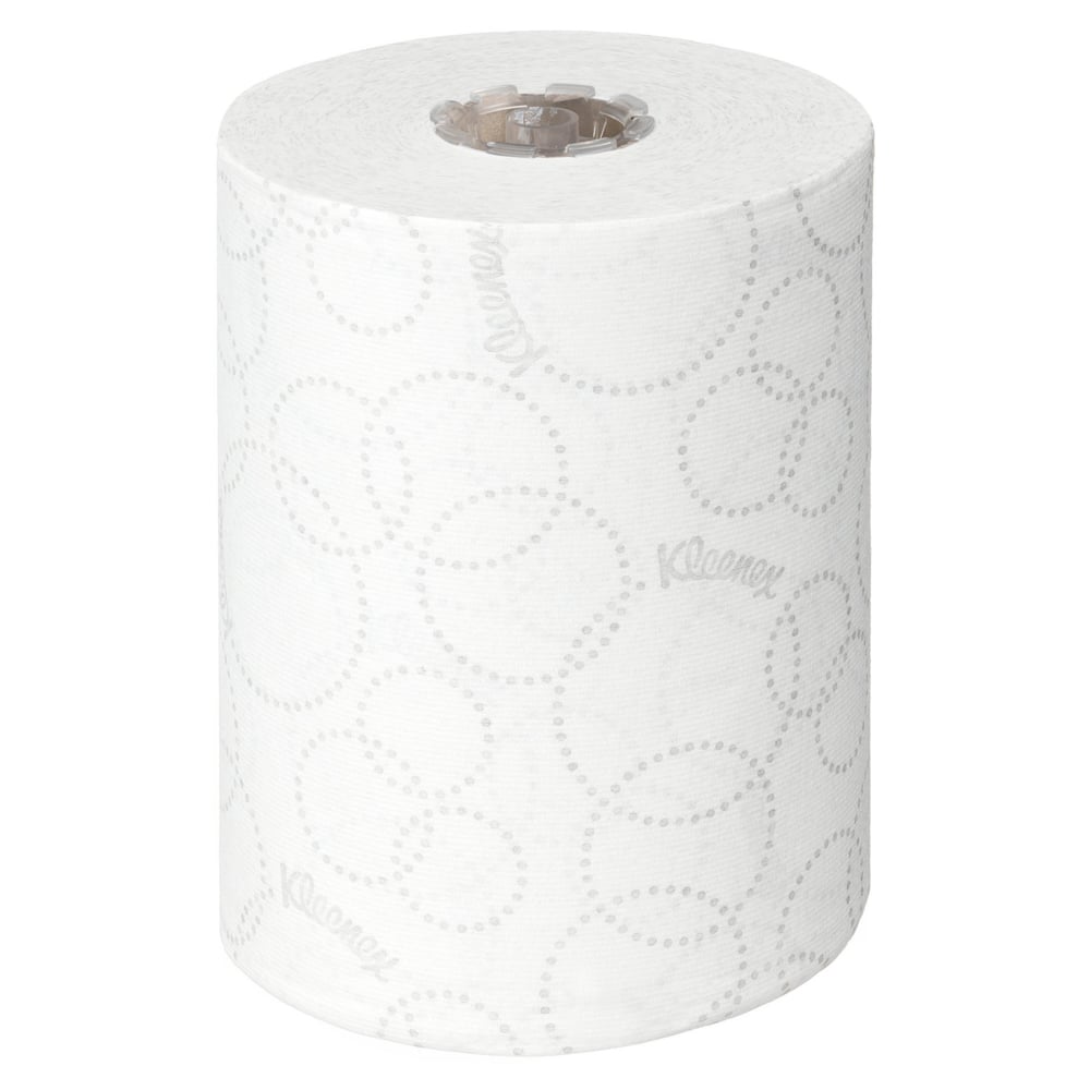 A single white Kleenex® Ultra™ Slimroll™ hand towel roll from Kimberly-Clark GmbH stands upright and features a dotted pattern - ideal for narrow dispensing systems. Package: 6 rolls per carton.