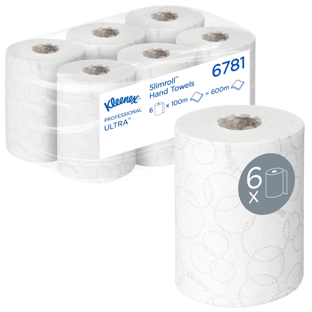 A carton with 6 Kleenex® Ultra™ Slimroll™ hand towels from Kimberly-Clark GmbH, each white roll 100m, ideal for narrow dispensing systems. One roll is depicted separately with a "6x" and roll symbol on the label.