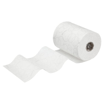 A white roll of Kleenex® Ultra™ Slimroll™ hand towels from Kimberly-Clark GmbH, partially unrolled with embossed swirls, ideal for narrow dispensing systems or for use alongside other Ultra™ Slimroll™ products. Package: 6 rolls per carton.