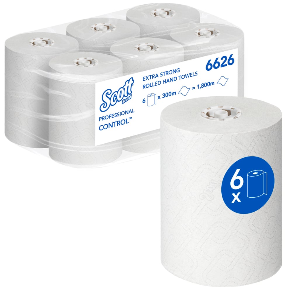 Sé rollaí bán Scott® CONTROL EXTRA STRONG tuáillí láimhe ó Kimberly-Clark GmbH atá pacáilte le chéile i gclúdach trédhearcach, agus tá siombail ghorm "6x" ar an rolla tosaigh. Seachadtar na tuáillí páipéir breise láidre seo mar 6 rolla in aghaidh an chartáin le haghaidh úsáid ghairmiúil.
