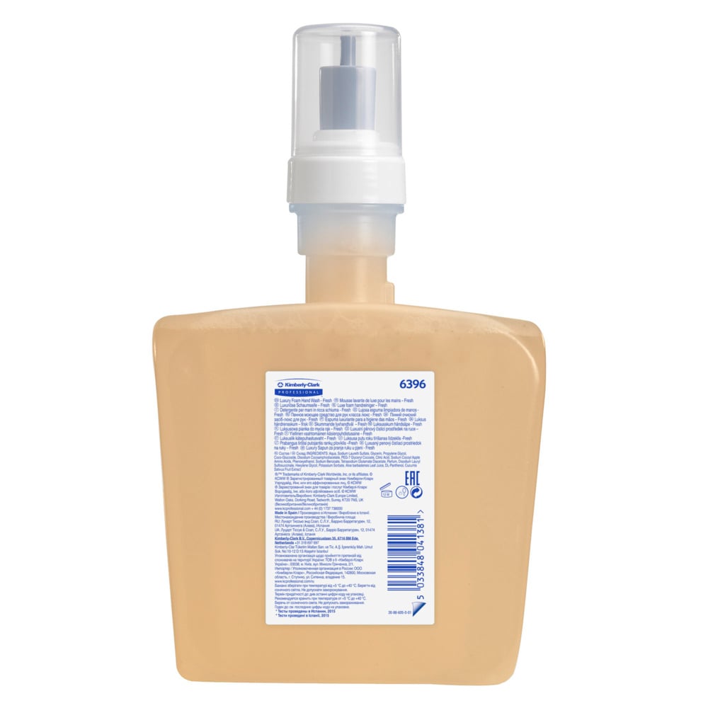 A rectangular beige 1.2-liter cassette with a pump and transparent cap, featuring a blue info label on the back, contains Kleenex® Botanics™ Luxury Foam Hand Wash by Kimberly-Clark GmbH (cartons with 4 electronic cassettes).