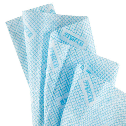 Several blue-white WypAll® X50 Wipers - Interfold (41.80 cm x 24.70 cm) from Kimberly-Clark GmbH with fish scale texture and blue "WYPALL" print are presented fanned out.
