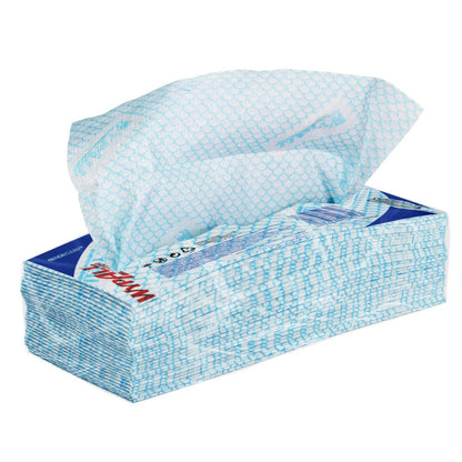 A box of Kimberly-Clark GmbH WypAll® X50 Wipers - Interfold (41.80 cm x 24.70 cm), with blue-white patterned cloths, one partially pulled out, against a solid white background.