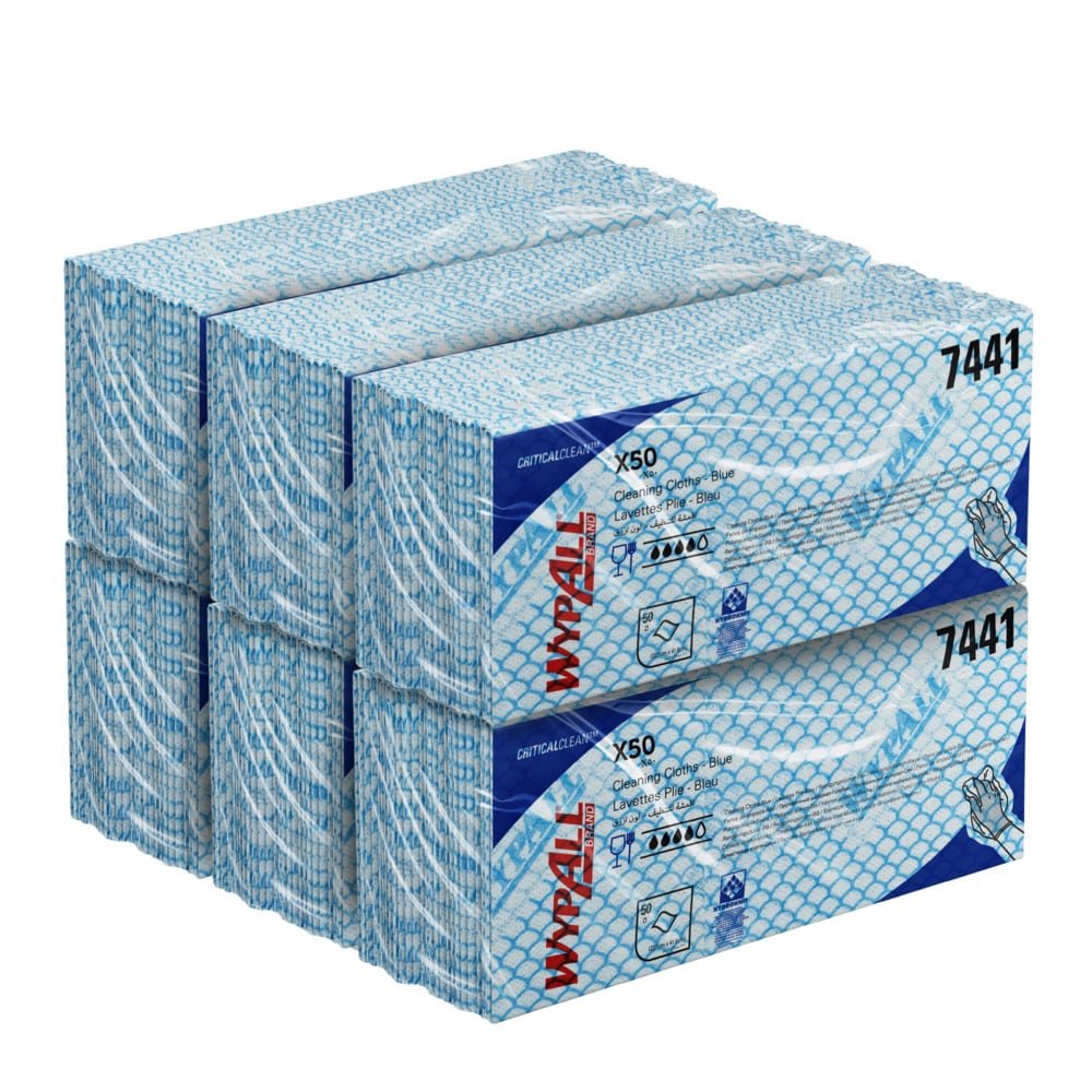 A stack of six blue-white Kimberly-Clark GmbH WypAll® X50 Wipers (Interfold, 41.80 x 24.70 cm), each box labeled with 7441 and showing a hand using these disposable cloths for easy cleaning.