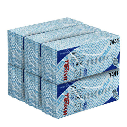 A stack of six blue-white Kimberly-Clark GmbH WypAll® X50 Wipers (Interfold, 41.80 x 24.70 cm), each box labeled with 7441 and showing a hand using these disposable cloths for easy cleaning.