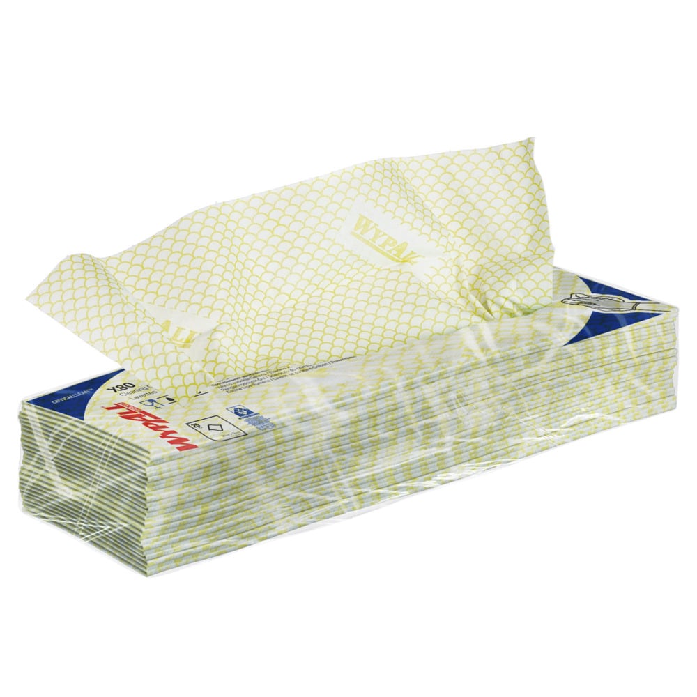 Eine rechteckige Schachtel WypAll® X80 Critical Clean - Interfold (41 x 33 cm) von Kimberly-Clark GmbH, teilweise geöffnet, wobei eine Serviette herausragt. Die überwiegend transparente Verpackung hat eine blaue und rote Beschriftung, ideal für die industrielle Reinigung.
